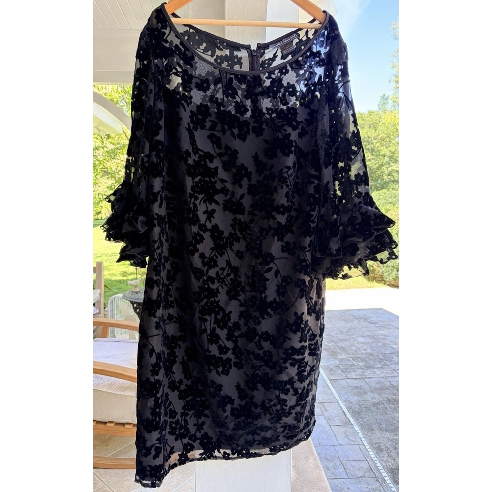 Jessica Howard 16W Black Velvet Burnout Dress Bell RuffleSleeve Plus Size 16W